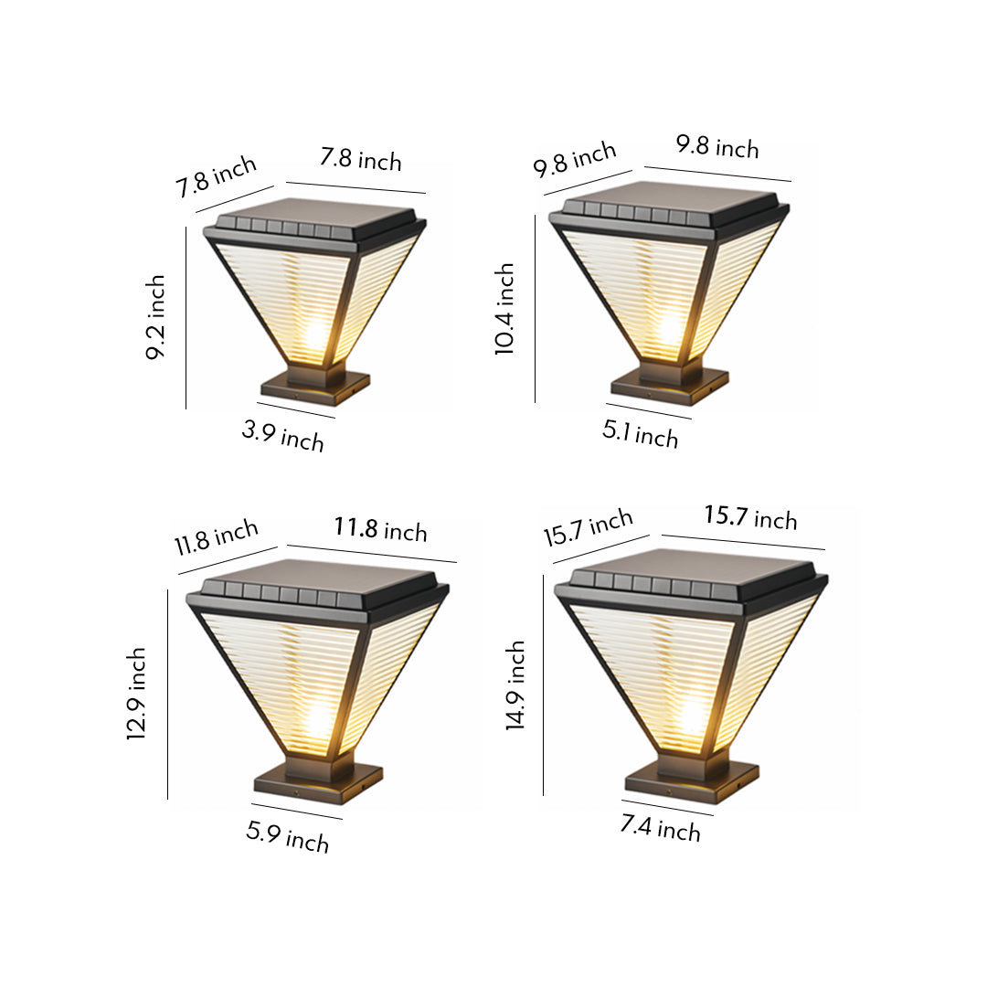 Modern Outdoor LED Pillar Light — Black Aluminum and Clear Glass, Solar / Hardwired, IP65, 4 Sizes