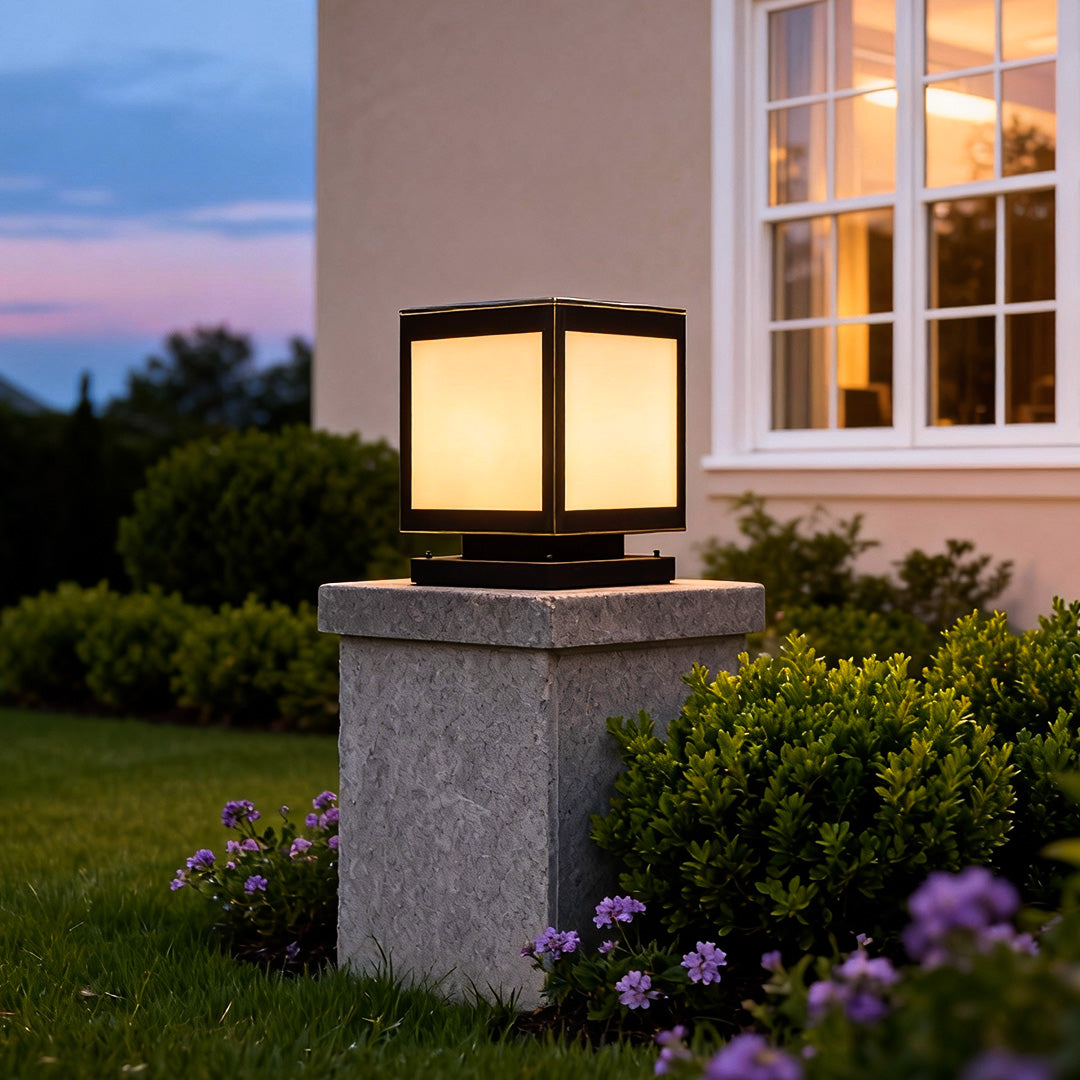 Square Copper Outdoor Pillar Solar Light — Marble-Imitation Shade, 5W LED, IP55 Weatherproof