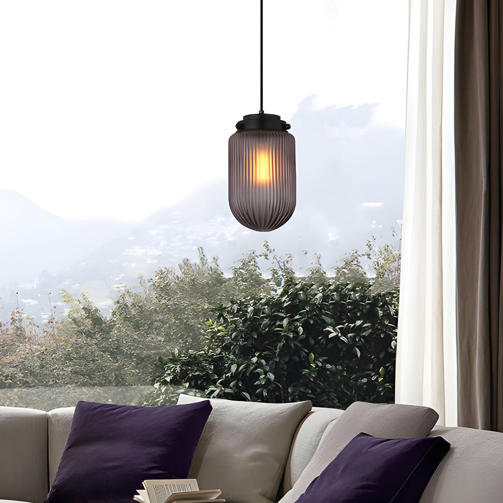 Pinecone Mini Pendant — Smoke Gray Ribbed Glass, Black Iron, 1-Light, 6.7" Dia × 11.8"H