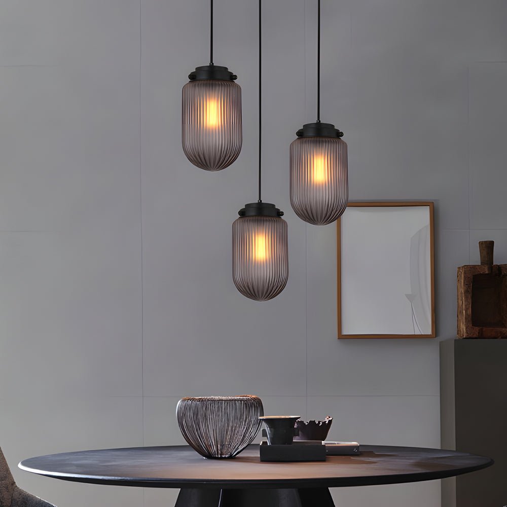 Pinecone Mini Pendant — Smoke Gray Ribbed Glass, Black Iron, 1-Light, 6.7" Dia × 11.8"H