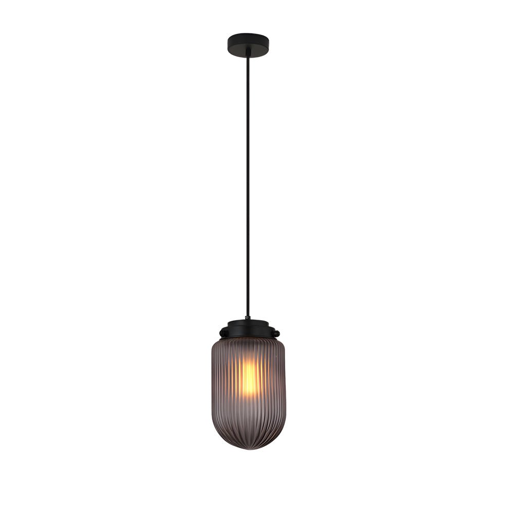 Pinecone Mini Pendant — Smoke Gray Ribbed Glass, Black Iron, 1-Light, 6.7" Dia × 11.8"H