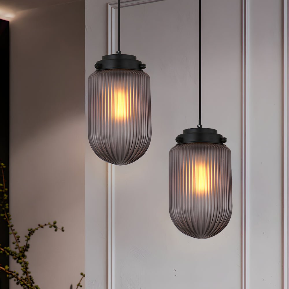 Pinecone Mini Pendant — Smoke Gray Ribbed Glass, Black Iron, 1-Light, 6.7" Dia × 11.8"H