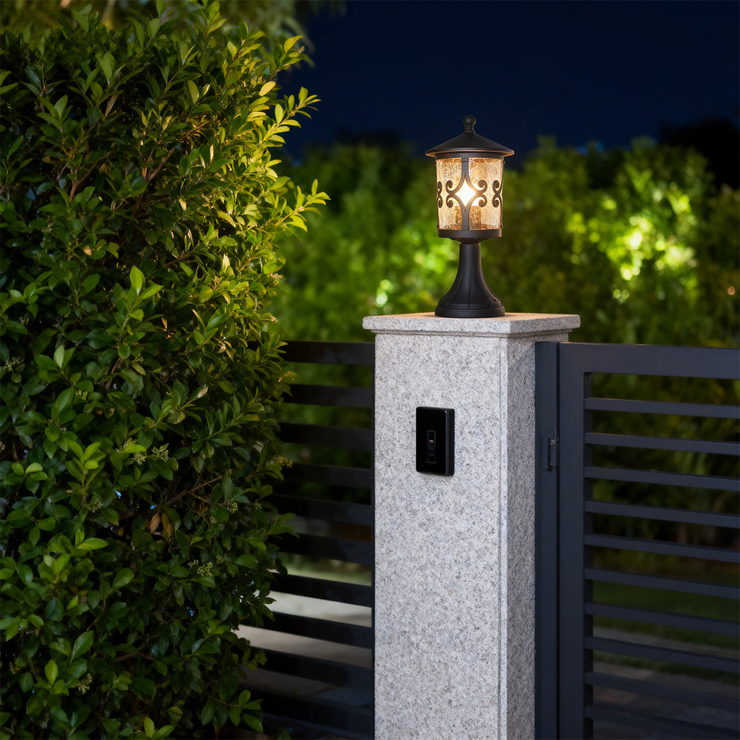Classic Outdoor Pillar Light — Sand-Black Cast Aluminum and Glass, 9W E26, IP44, 3000K