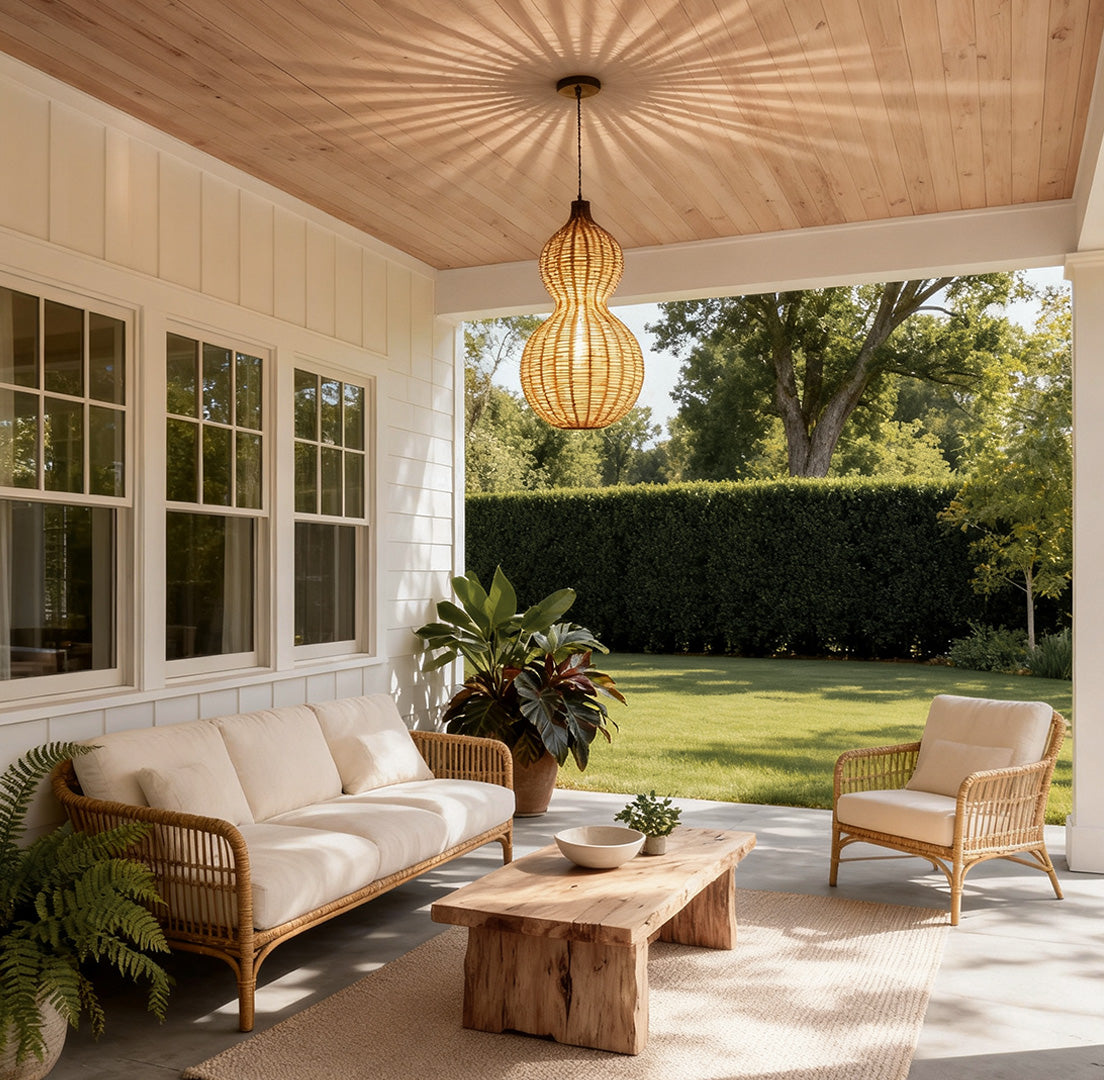 Gourd Outdoor Hanging Pendant — Hand-Woven Rattan, 1-Light, E27, 12W, IP65, 3000K