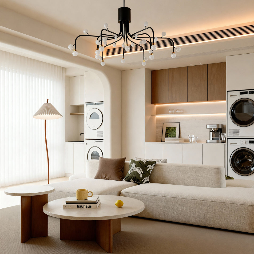 Modern Retro Chandelier — Iron and Aluminum, White Acrylic, 4000K LED, 47.2" Adjustable Chain, Black / White / Gold