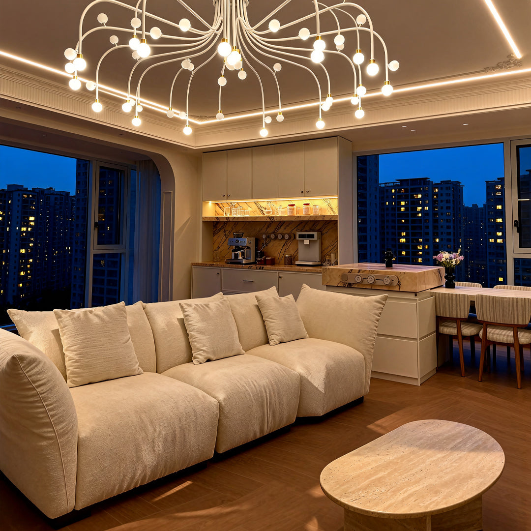 Modern Retro Chandelier — Iron and Aluminum, White Acrylic, 4000K LED, 47.2" Adjustable Chain, Black / White / Gold