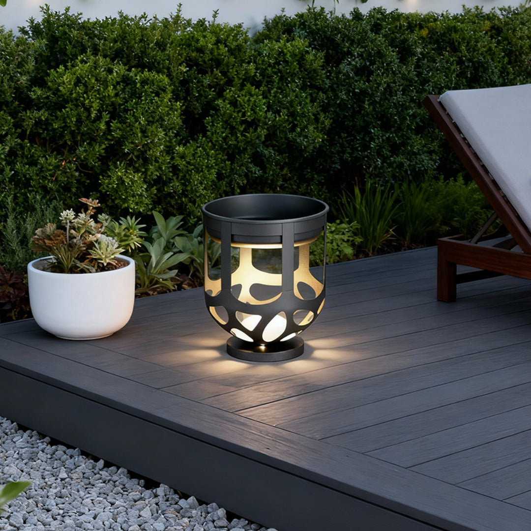 Lighted Outdoor Planter — Black Iron, White PE Shade, Warm LED, IP54, Solar / Hardwired, 19.7" or 37.4" Height