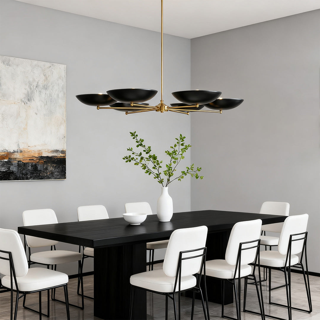 French Vintage Chandelier — Black and Gold Metal, 6-Light G9, 40" Diameter