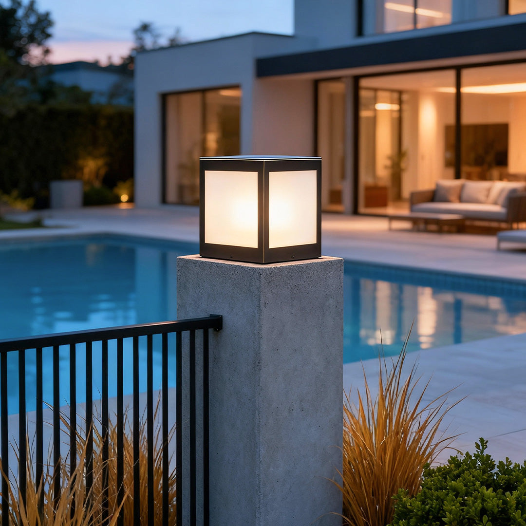 Square Geometric Solar Outdoor Pillar Light — Copper and Glass, 5W LED, Warm White 3000K, IP55, Remote Control