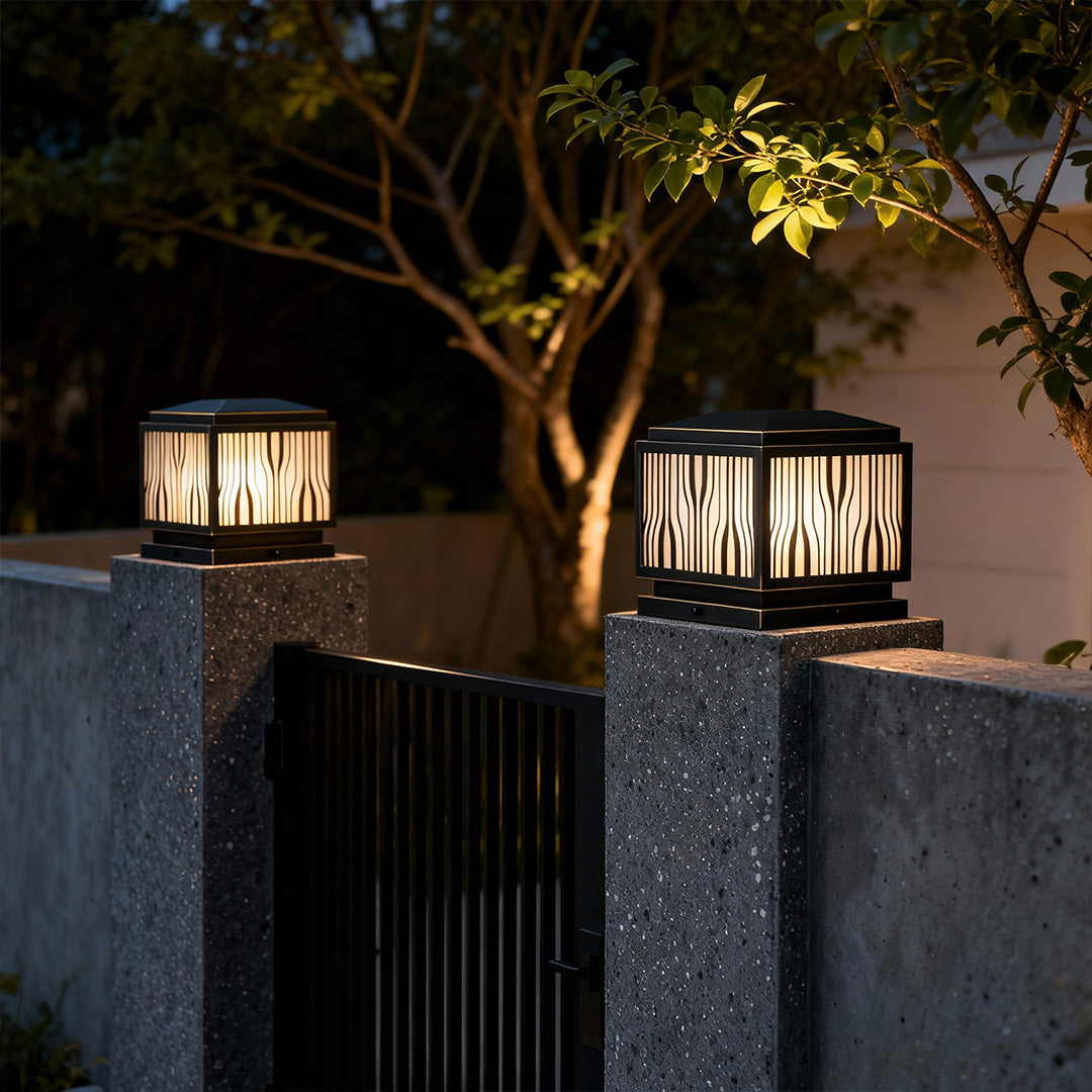 Minimalist Outdoor Solar Pillar Light — Full Copper, Wavy Stripe Glass Shade, E27, IP55, 9.84" Square
