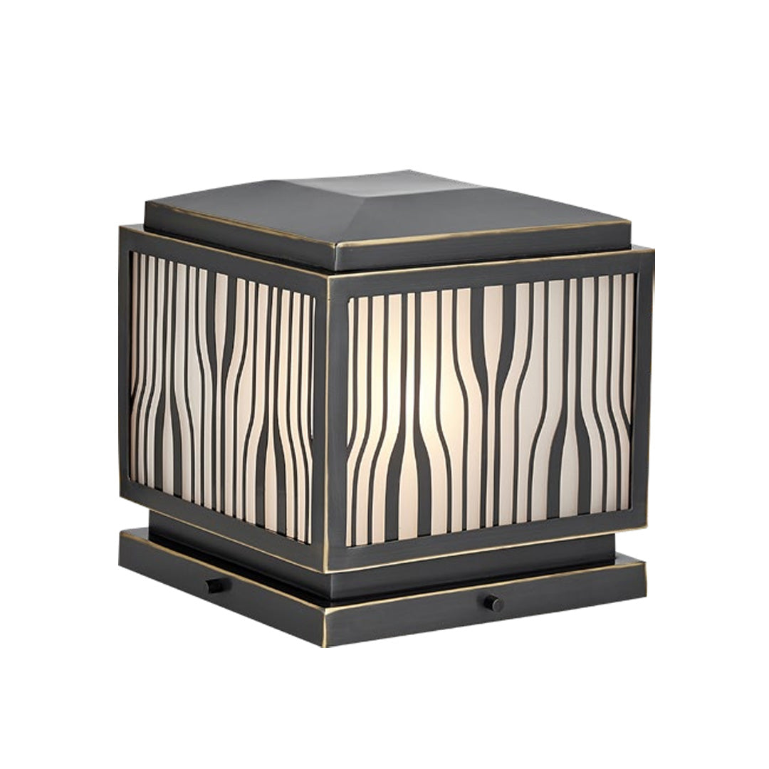 Minimalist Outdoor Solar Pillar Light — Full Copper, Wavy Stripe Glass Shade, E27, IP55, 9.84" Square