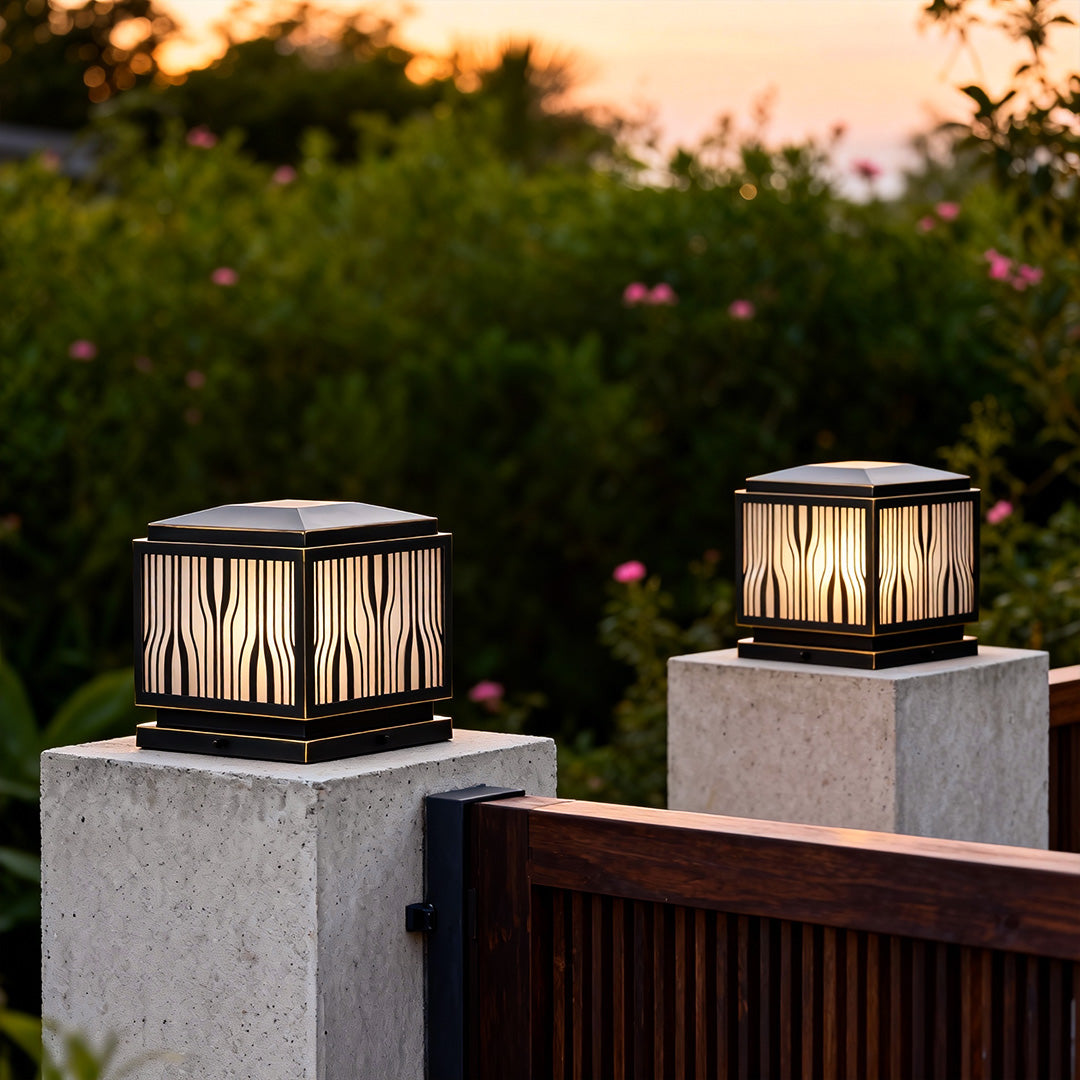 Minimalist Outdoor Solar Pillar Light — Full Copper, Wavy Stripe Glass Shade, E27, IP55, 9.84" Square