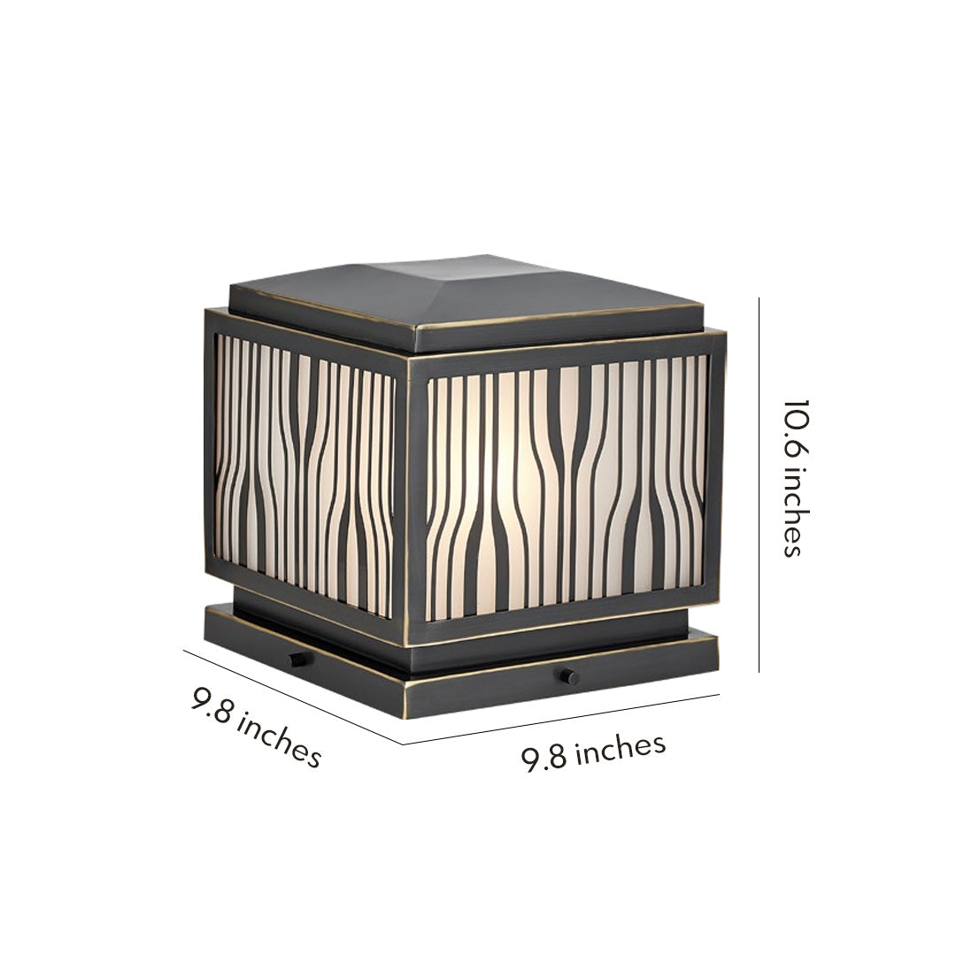 Minimalist Outdoor Solar Pillar Light — Full Copper, Wavy Stripe Glass Shade, E27, IP55, 9.84" Square