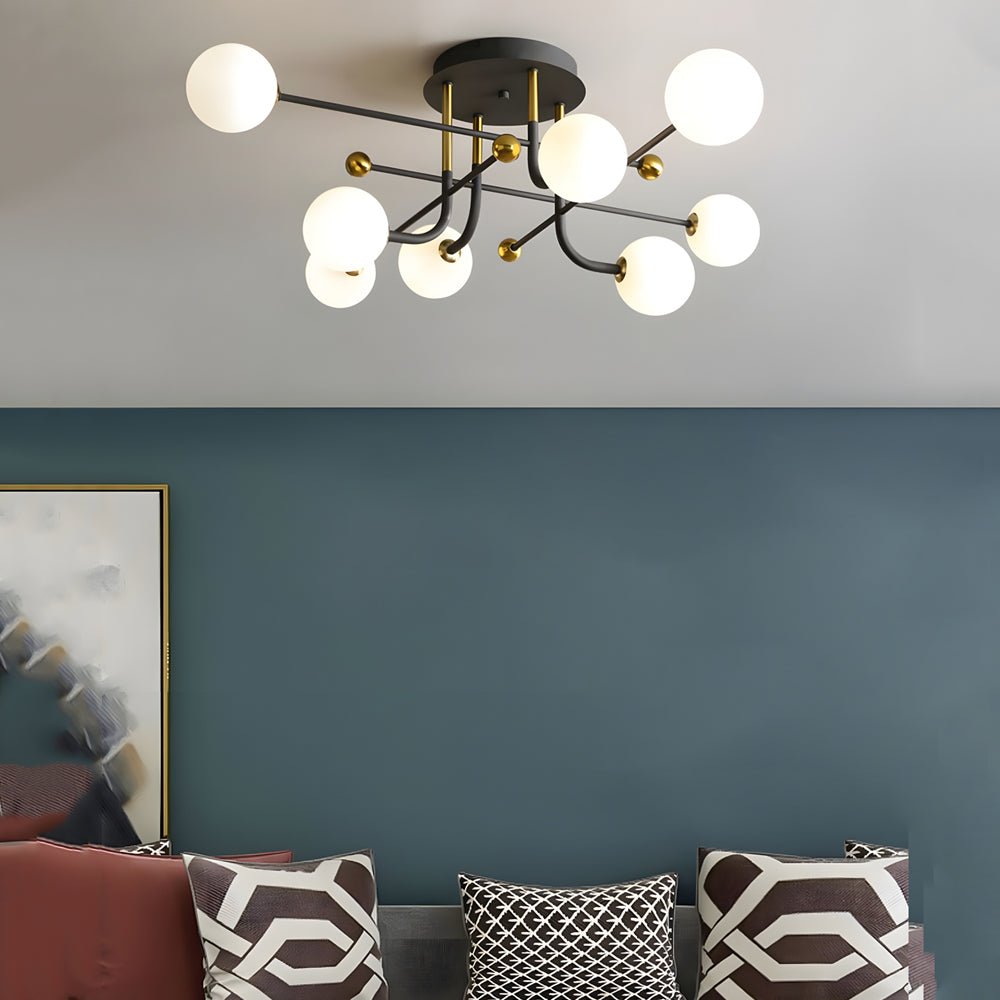 modern sputnik globe semi flush mount light with white glass shade available in 4 6 or 8 lights