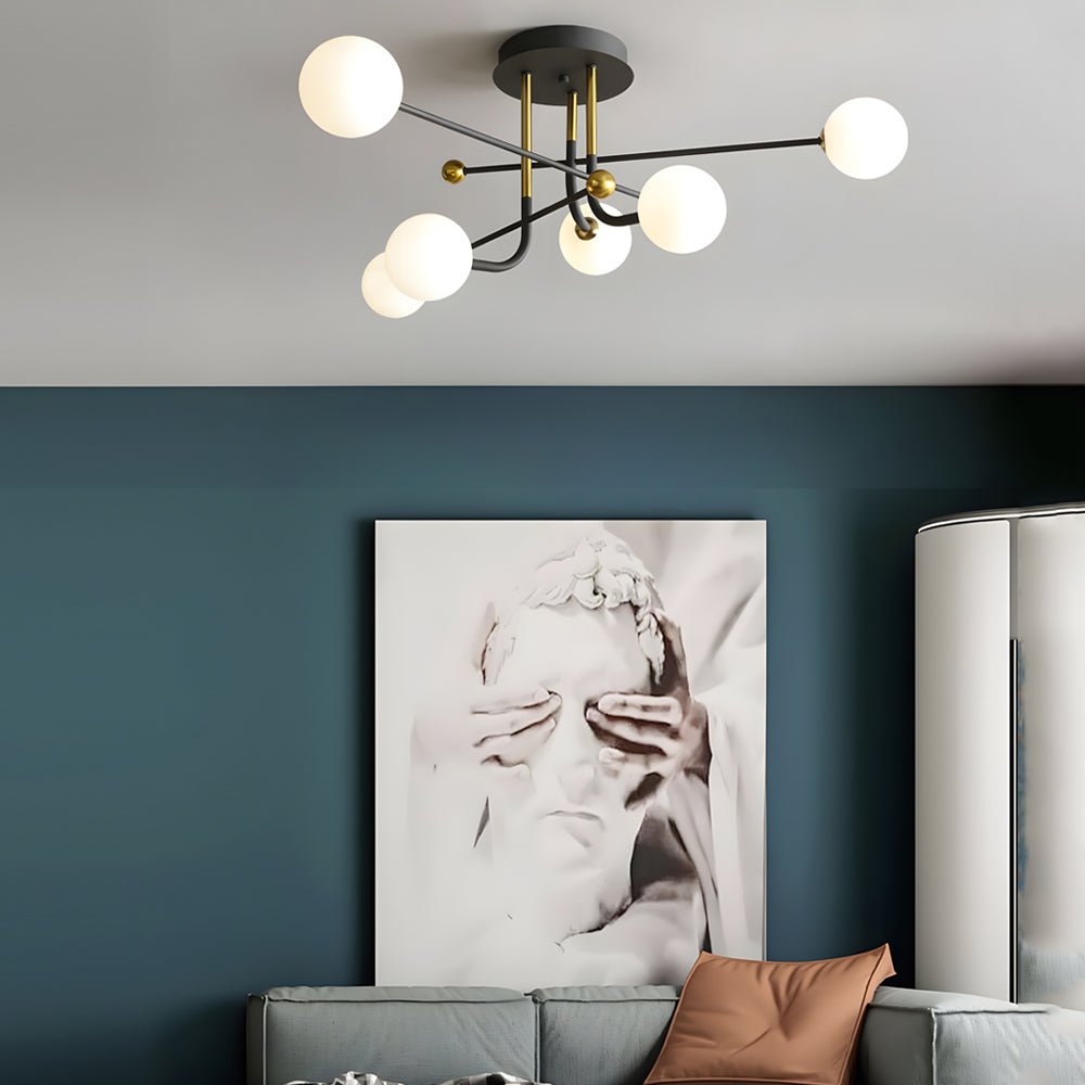 modern sputnik globe semi flush mount light with white glass shade available in 4 6 or 8 lights