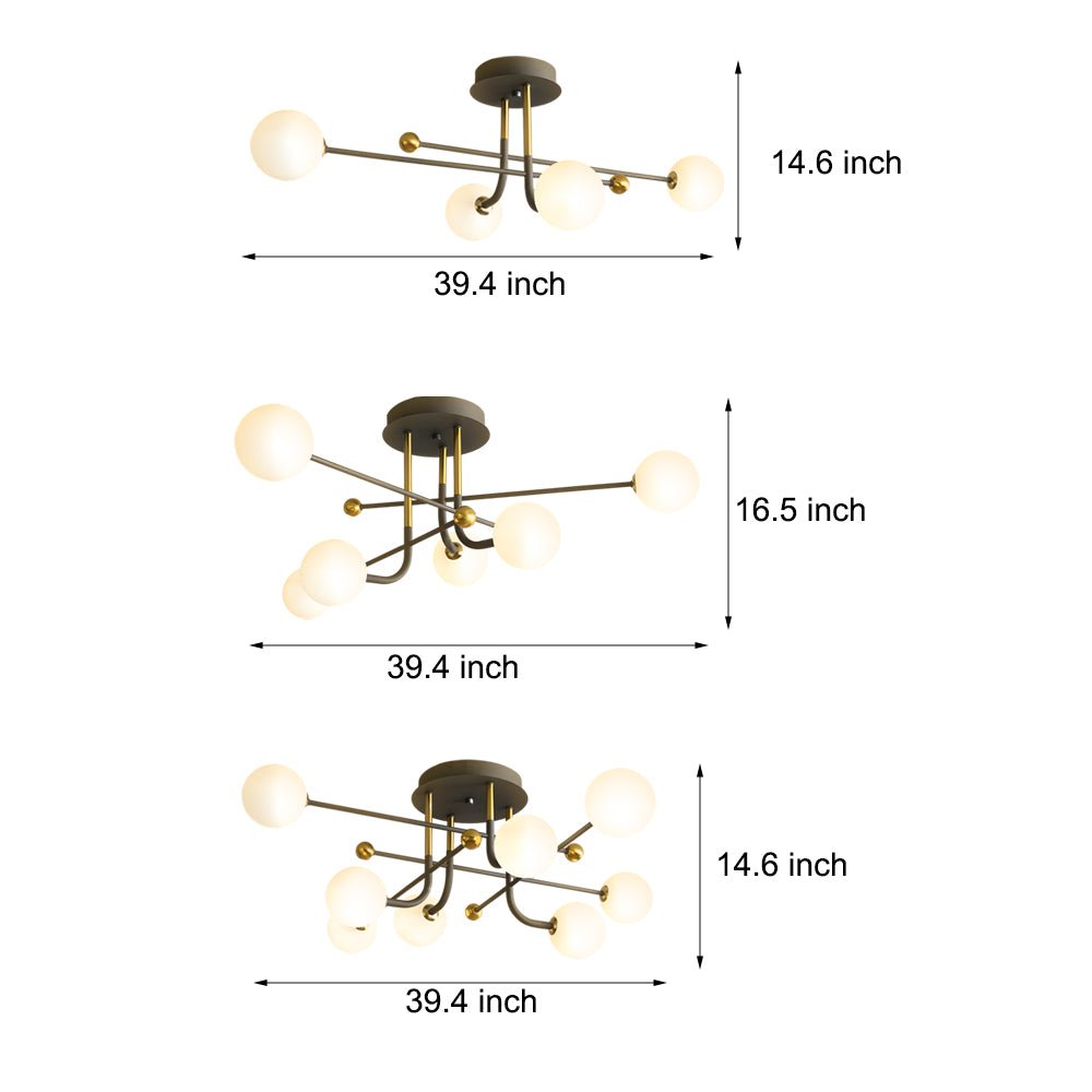 modern sputnik globe semi flush mount light with white glass shade available in 4 6 or 8 lights