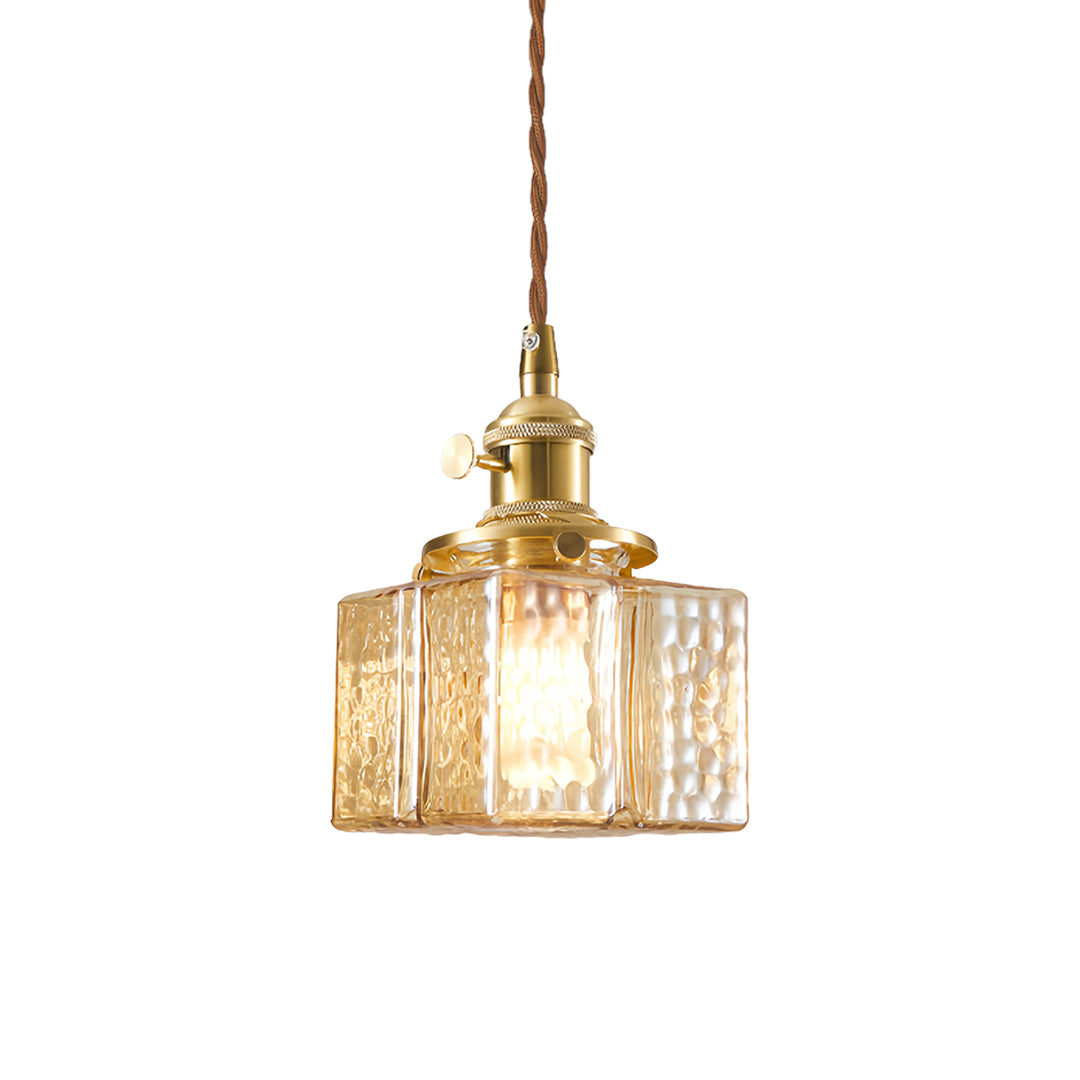 Vintage Brass and Glass Square Mini Pendant — Japandi Zen, Amber or Clear Glass, 3-Step Dimming, 2-Meter Adjustable Cord