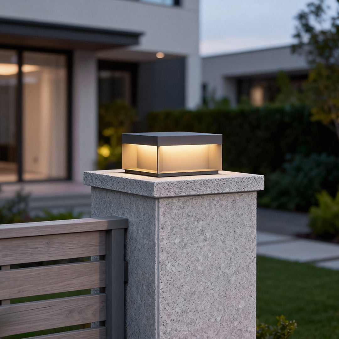Industrial Square Solar / Hardwired Deck Pillar Light — Black Stainless Steel, LED 3000K, IP65, 5 Sizes