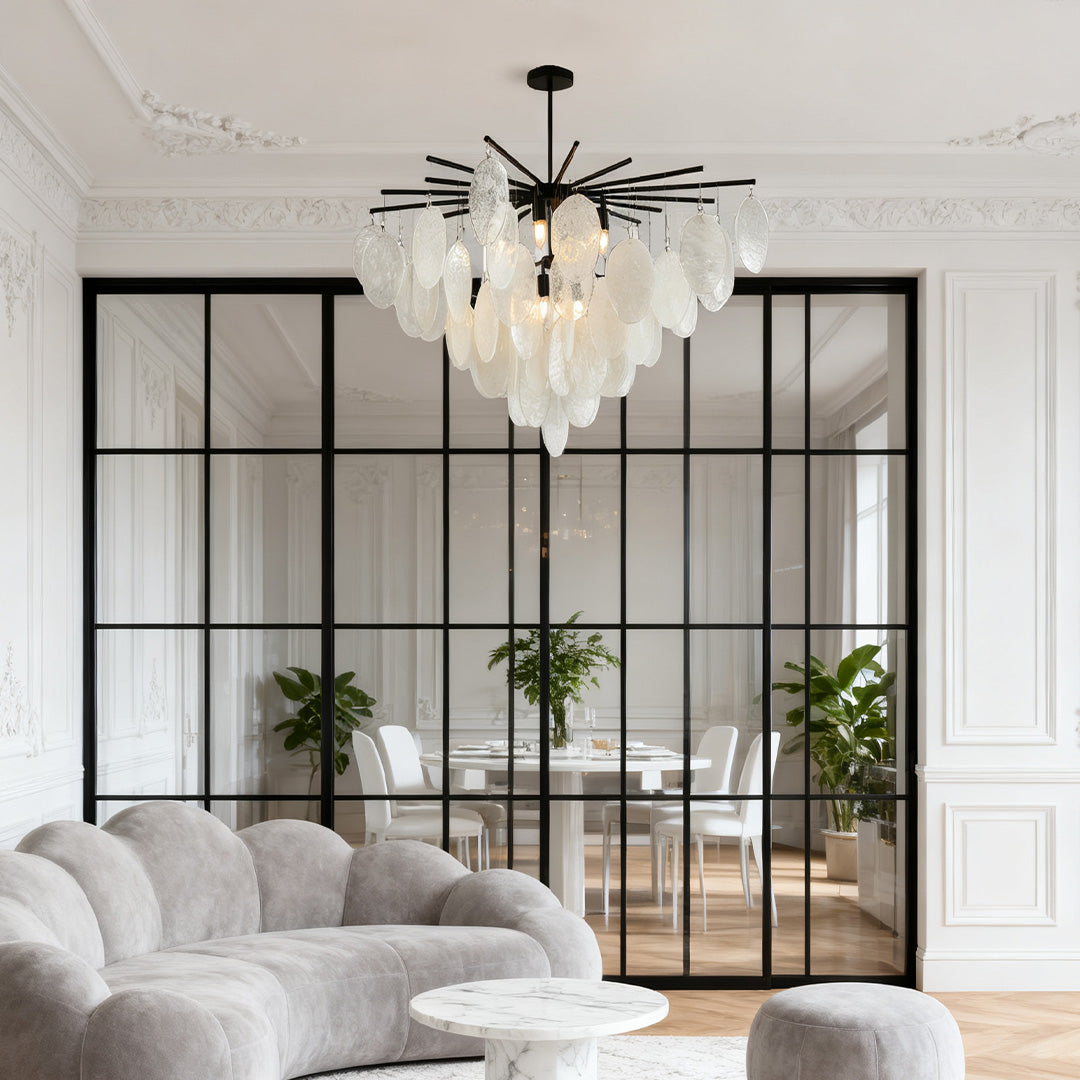 Minimalist Mother-of-Pearl Cone Chandelier — Matte Black Metal, Transparent Glass, Adjustable 36" Rod, E12
