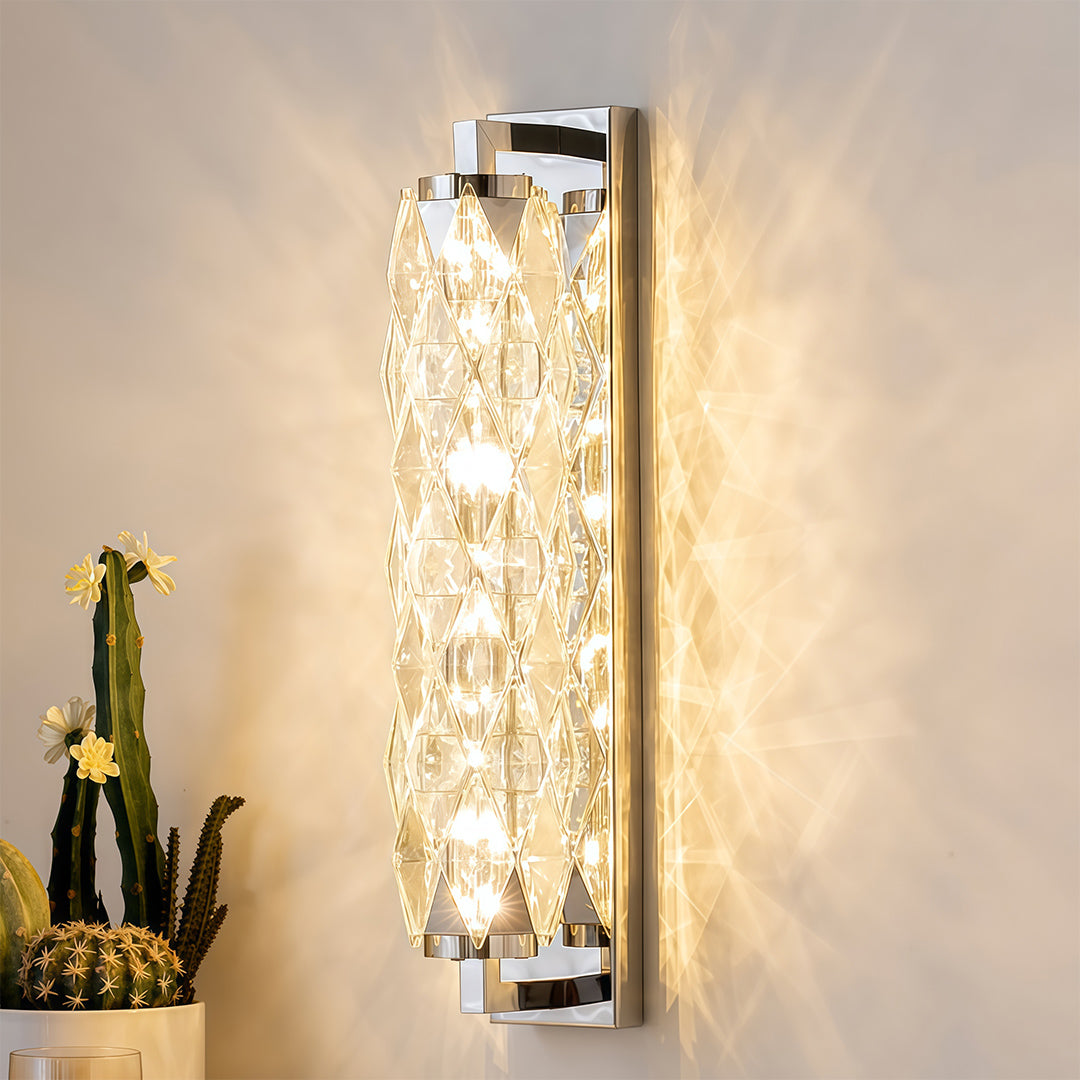 Geometric Crystal Wall Sconce — Stainless Steel, LED, 3-Step Dimming (3000K/4500K/6000K), Small 7W or Large 24W