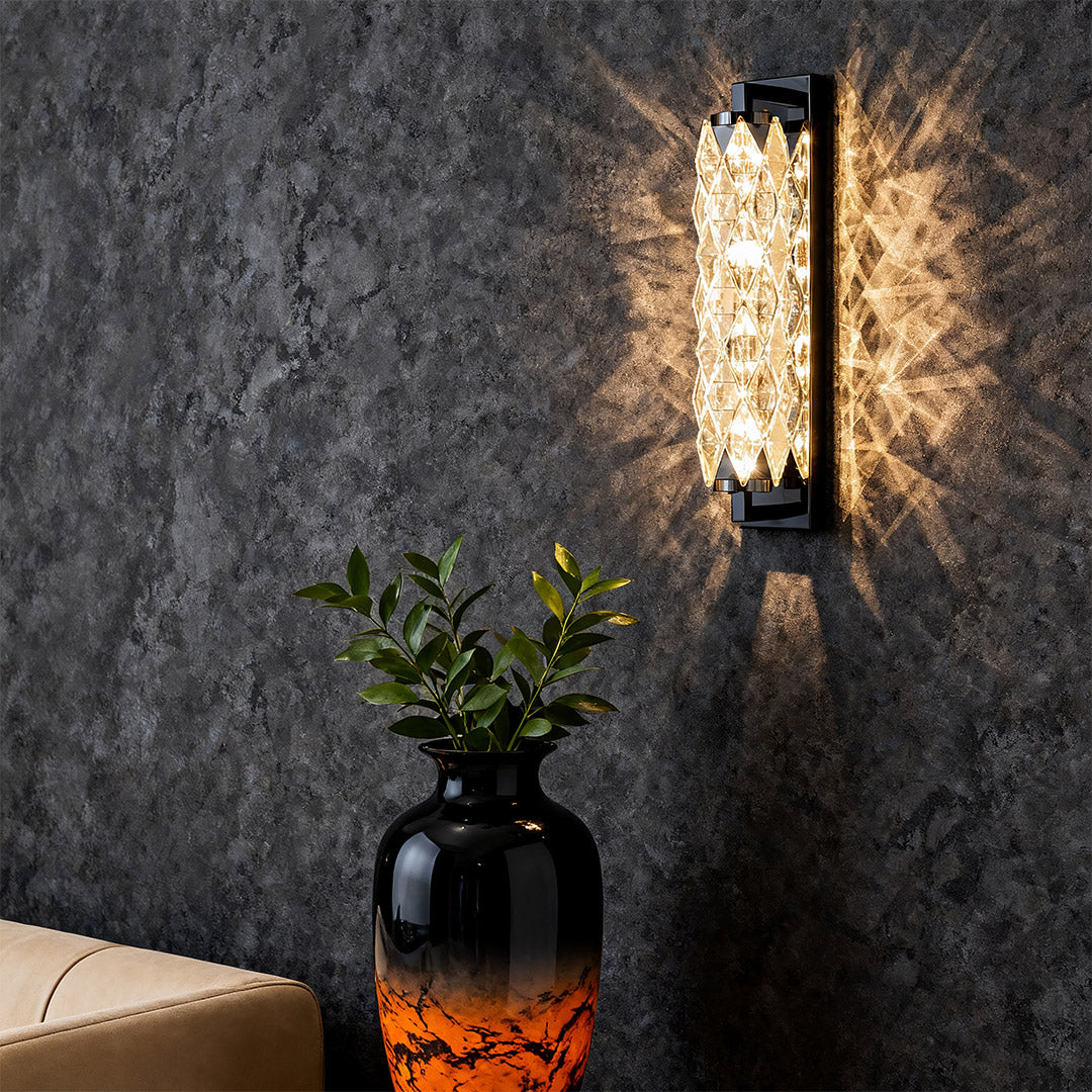 Geometric Crystal Wall Sconce — Stainless Steel, LED, 3-Step Dimming (3000K/4500K/6000K), Small 7W or Large 24W