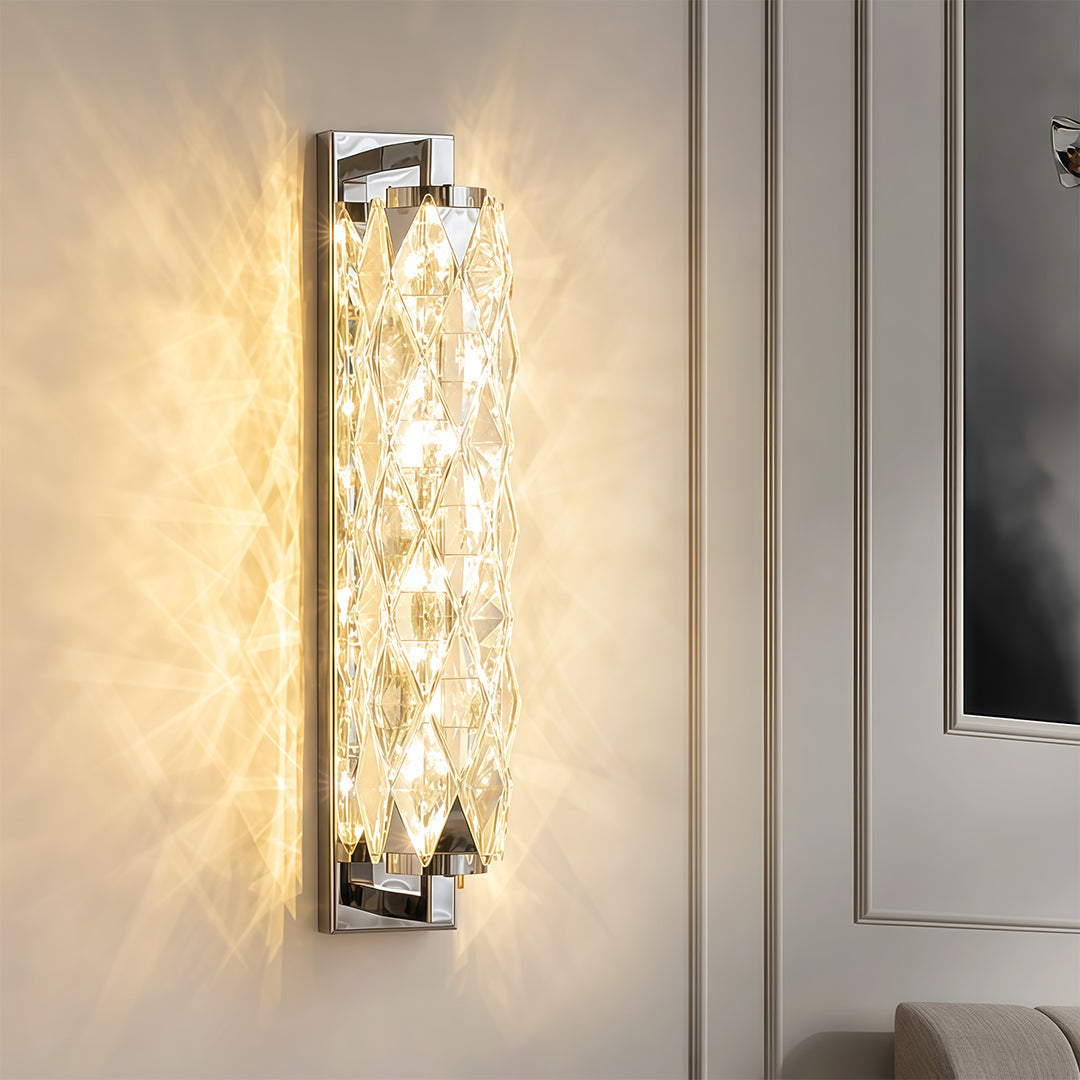 Geometric Crystal Wall Sconce — Stainless Steel, LED, 3-Step Dimming (3000K/4500K/6000K), Small 7W or Large 24W