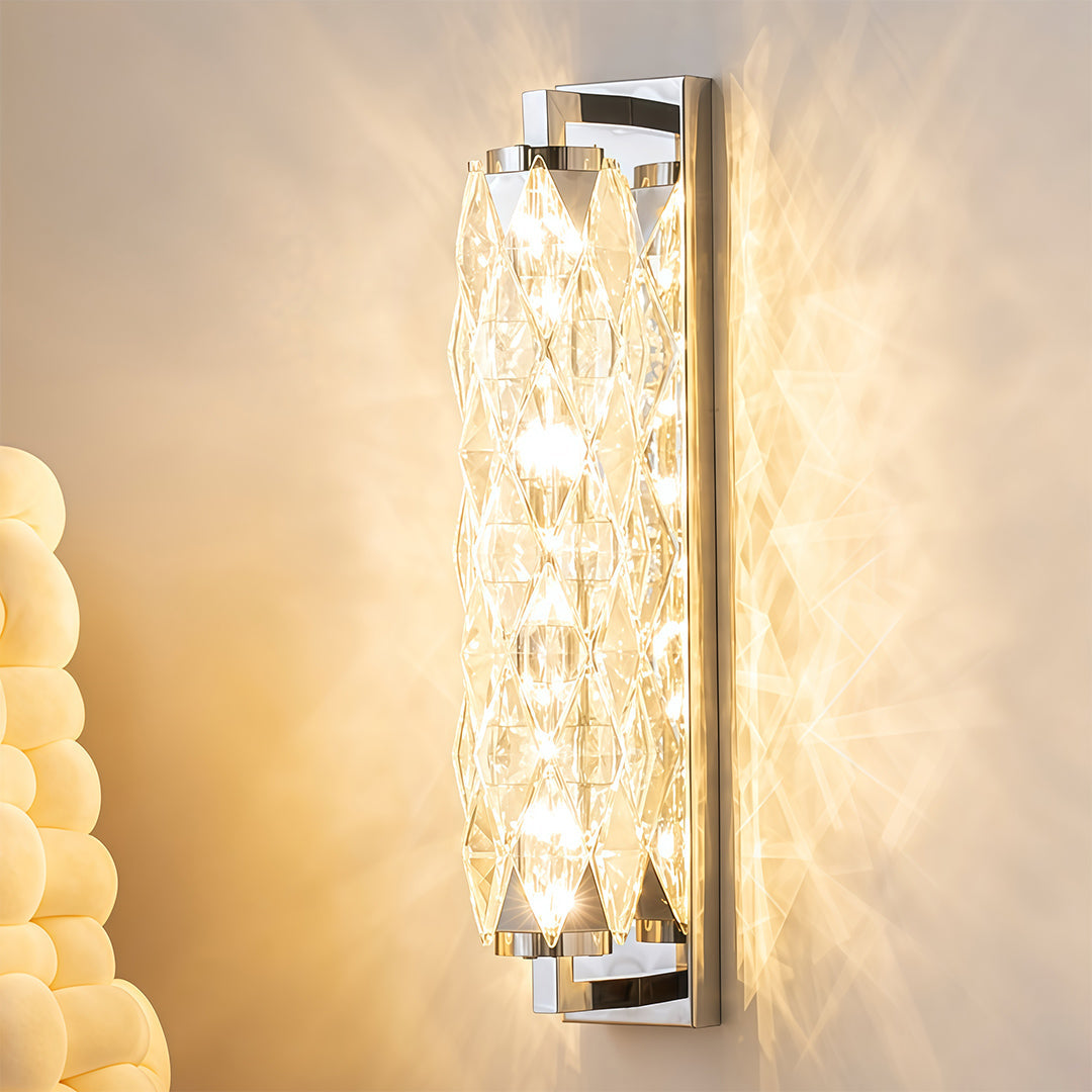 Geometric Crystal Wall Sconce — Stainless Steel, LED, 3-Step Dimming (3000K/4500K/6000K), Small 7W or Large 24W