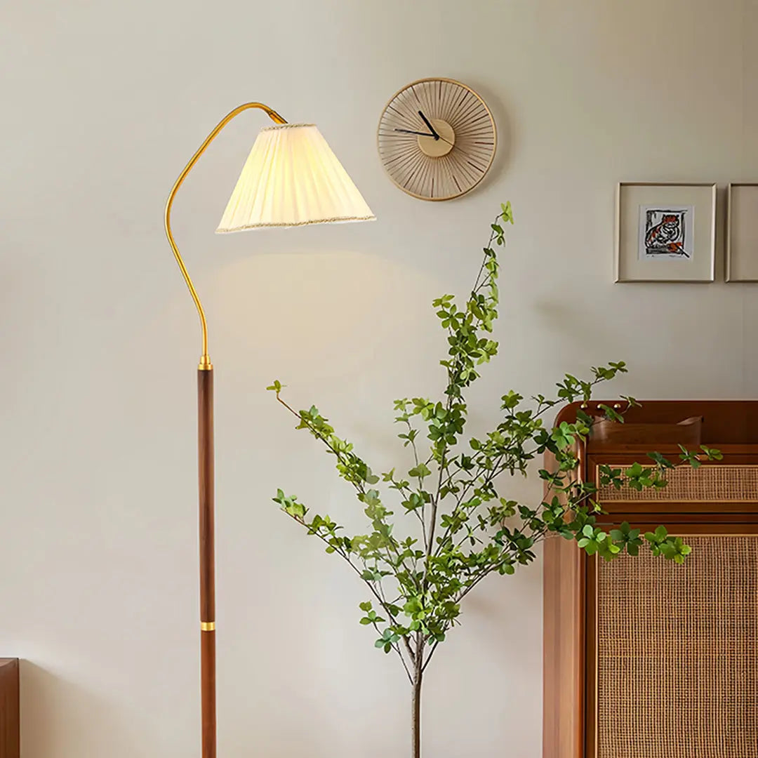 Elegant American Retro Standing Lamp with Walnut Base and Fabric Shade Luxe
