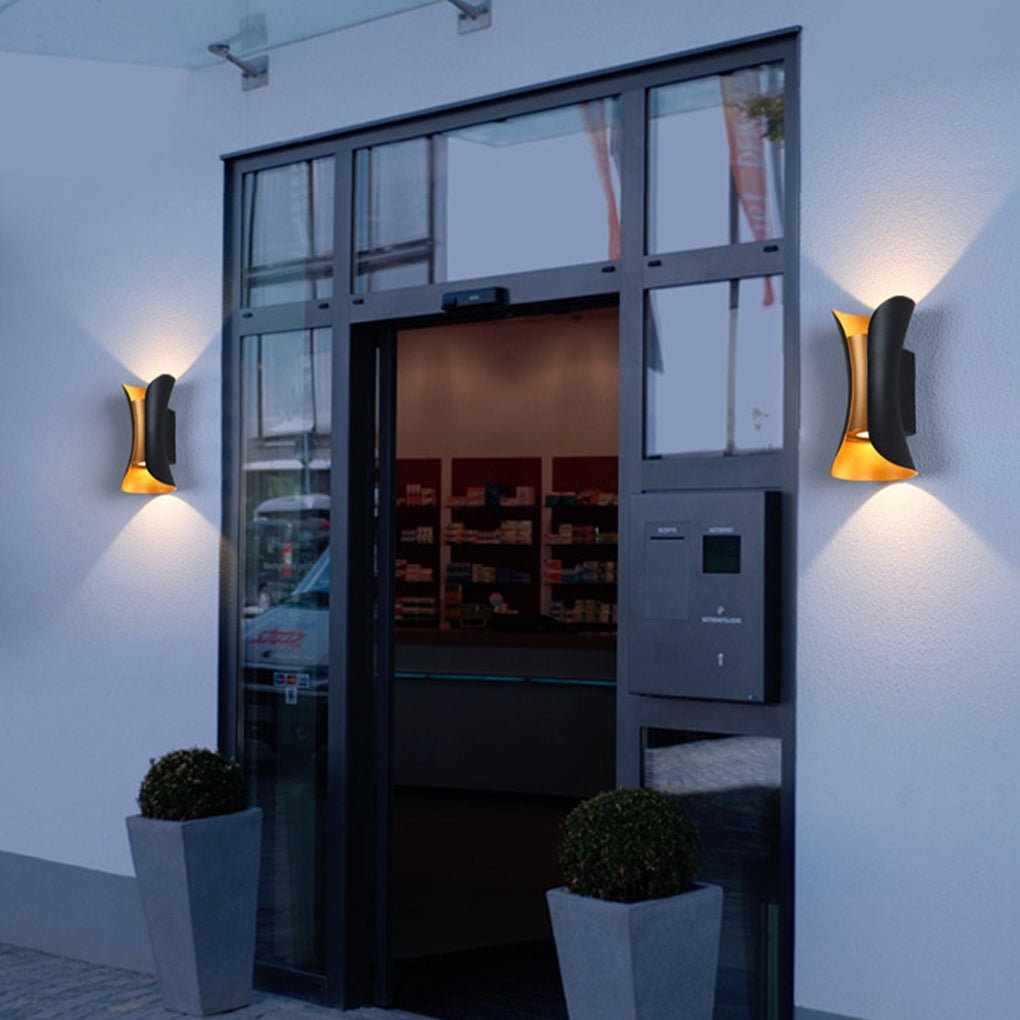 modern waterproof outdoor wall lights with curved led up and down lighting