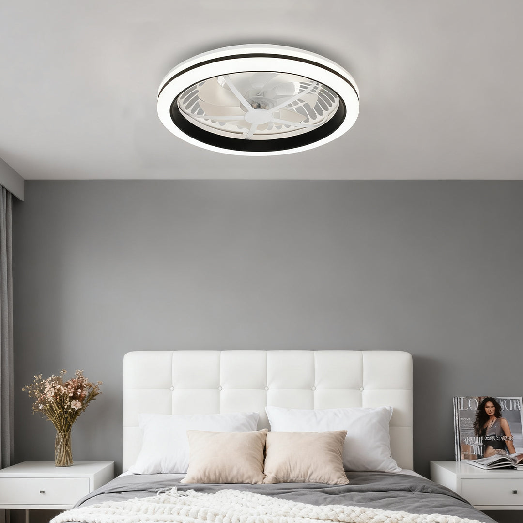 Round White Flush Mount Ceiling Fan with Light - Plastic Design