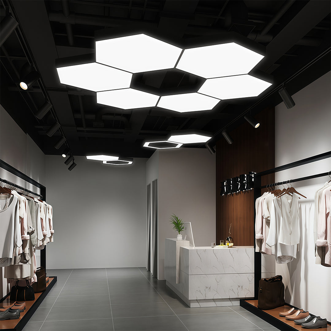 Hexagonal Geometric Honeycomb LED Pendant — Iron, Acrylic Shade, 6 Sizes, 39.4" Adjustable Chain, Black or White