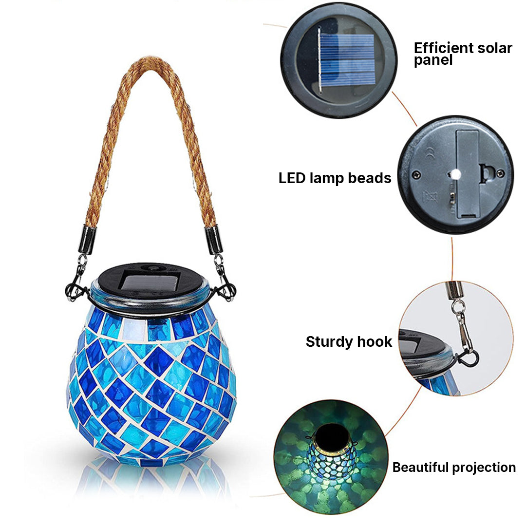 Stained Glass Mosaic Solar Lantern — Handcrafted, LED, IP65 Weatherproof, Dusk-to-Dawn, Hanging or Tabletop