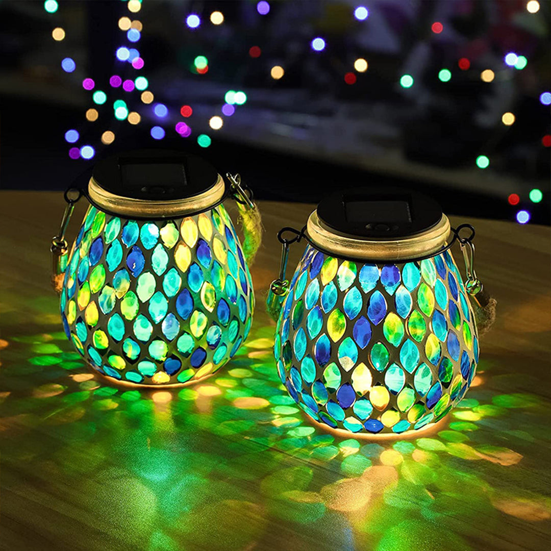 Stained Glass Mosaic Solar Lantern — Handcrafted, LED, IP65 Weatherproof, Dusk-to-Dawn, Hanging or Tabletop
