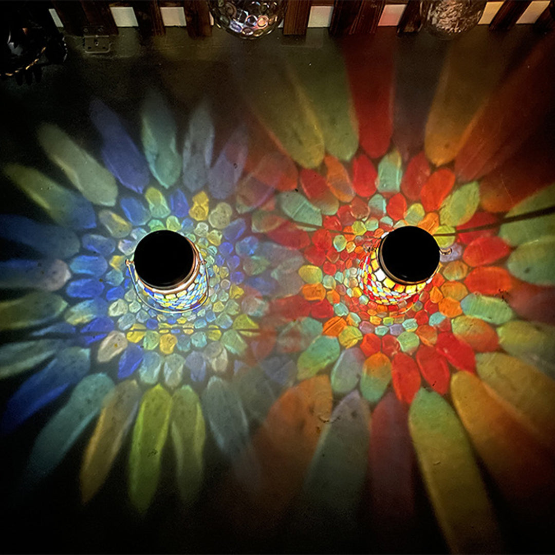Stained Glass Mosaic Solar Lantern — Handcrafted, LED, IP65 Weatherproof, Dusk-to-Dawn, Hanging or Tabletop