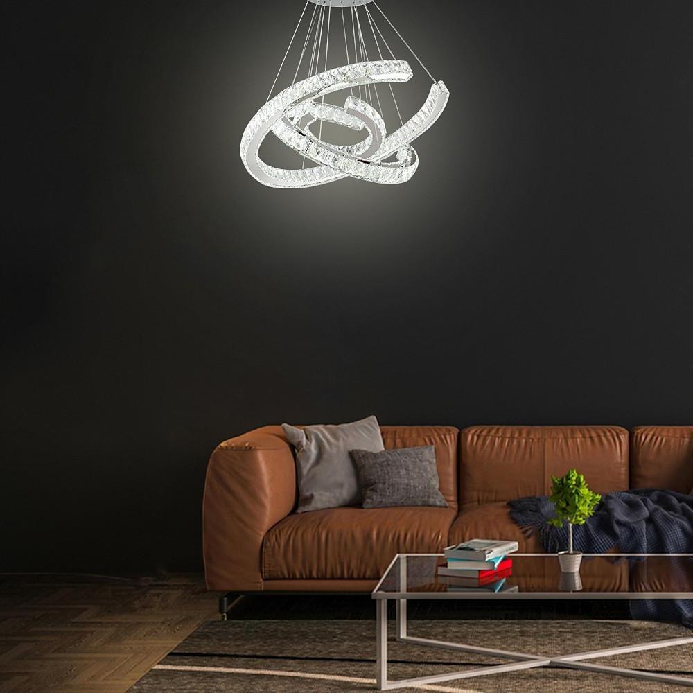 Crystal Wave Chandelier — Stainless Steel, 3-Light LED, 24" Wide, Adjustable 39" Cord