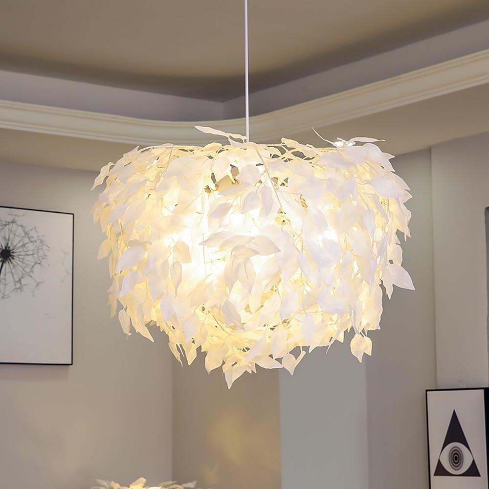 Feather Fabric Pendant Light — Iron Frame, 24" Dia., 4-Light, Dimmable 3000–5400K, White & Gold