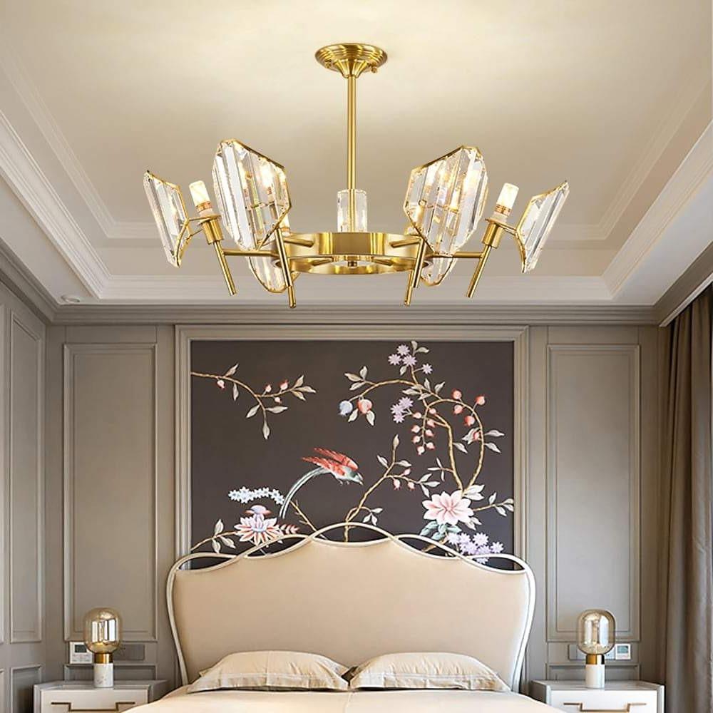 Brass Ring Frame Crystal Chandelier — Gold Electroplated, Metal Arc Branches, 5- to 12-Light