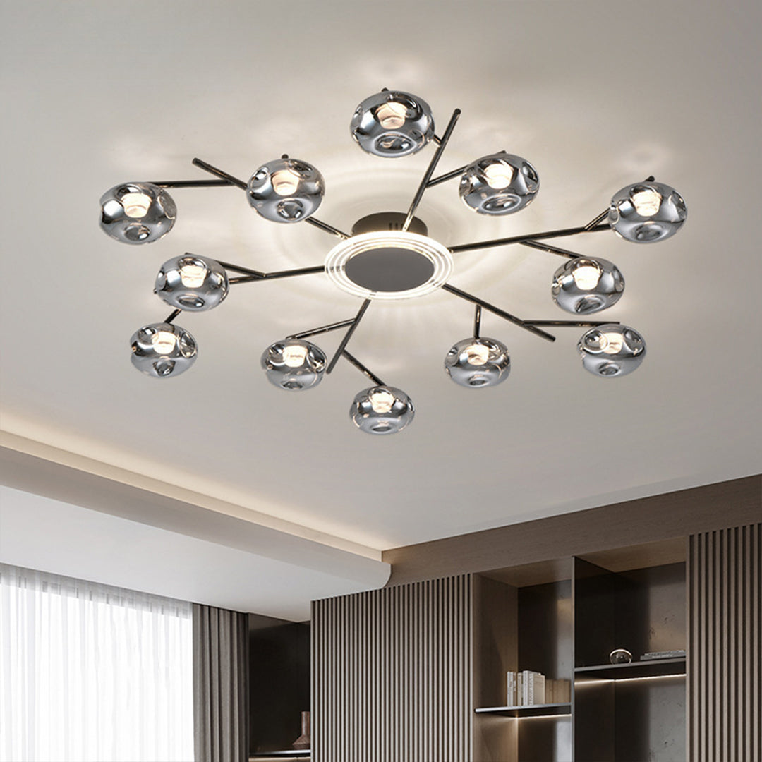 Branching Round Semi-Flush Mount — Wrought Iron and Glass, 8-Light 63W or 12-Light 91W, Three-Color Dimming, Ra≥97