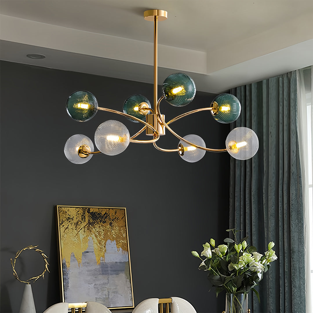 Tree Branch Flush-Mount Chandelier — Gold Iron, Clear Green Glass, 6-Light, 3-Step Dimming