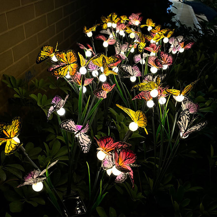 Six-Head Butterfly Solar Garden Stake Light — Fabric Butterflies, LED Warm White, Dusk-to-Dawn, IP65 Weatherproof