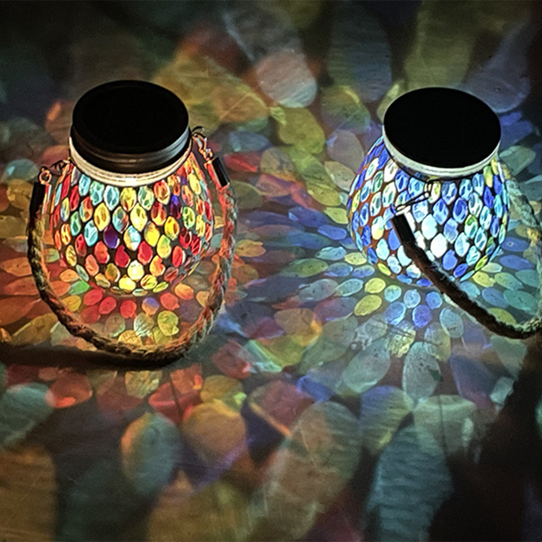 Stained Glass Mosaic Solar Lantern — Handcrafted, LED, IP65 Weatherproof, Dusk-to-Dawn, Hanging or Tabletop