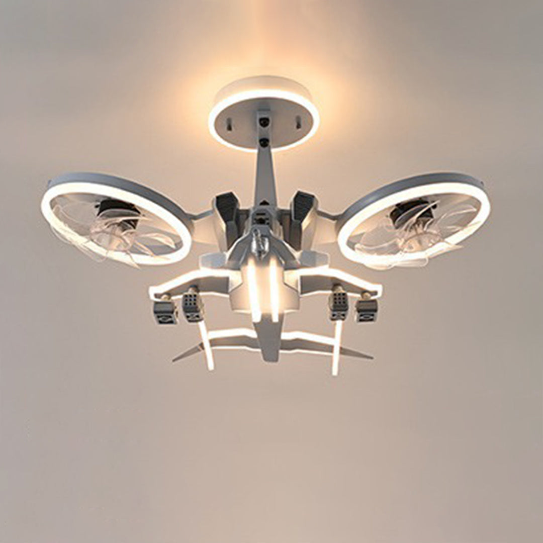 Fighter Jet Kids Ceiling Fan with Light — Metal, Acrylic Shade, Remote Stepless Dimming 3000K–6000K, 5-Speed, 360° Head