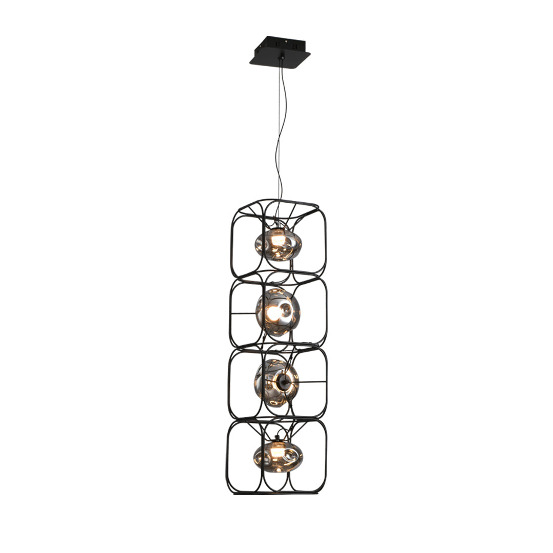 Magic Cube Caged Geometric Pendant — Black Iron, Smoked Glass, LED, 7W–28W, 1- to 4-Light