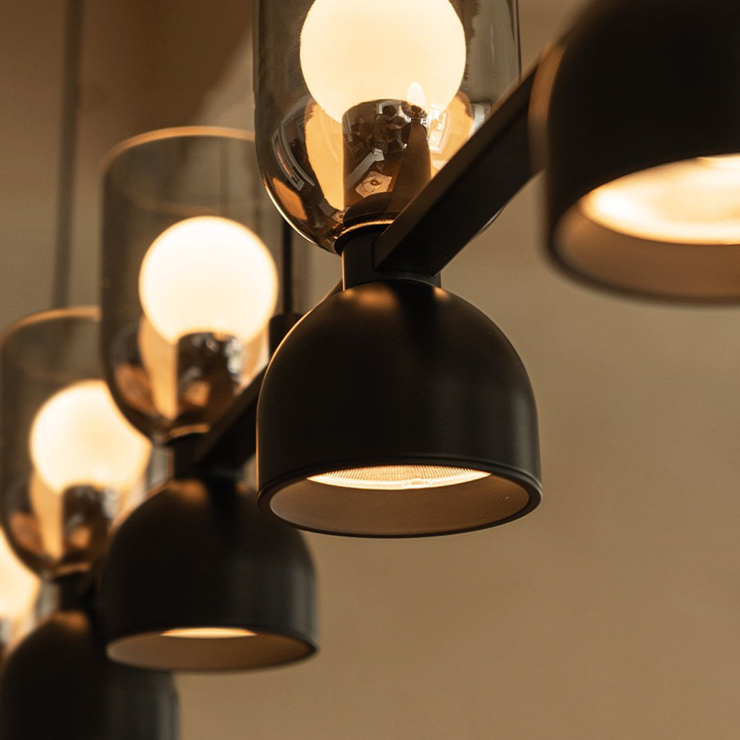 Adjustable Industrial Glass Pendant Chandelier — Matte Black Aluminum-Iron, 4- or 6-Light, Dimmable 3000K–6000K, 59.1" Chain