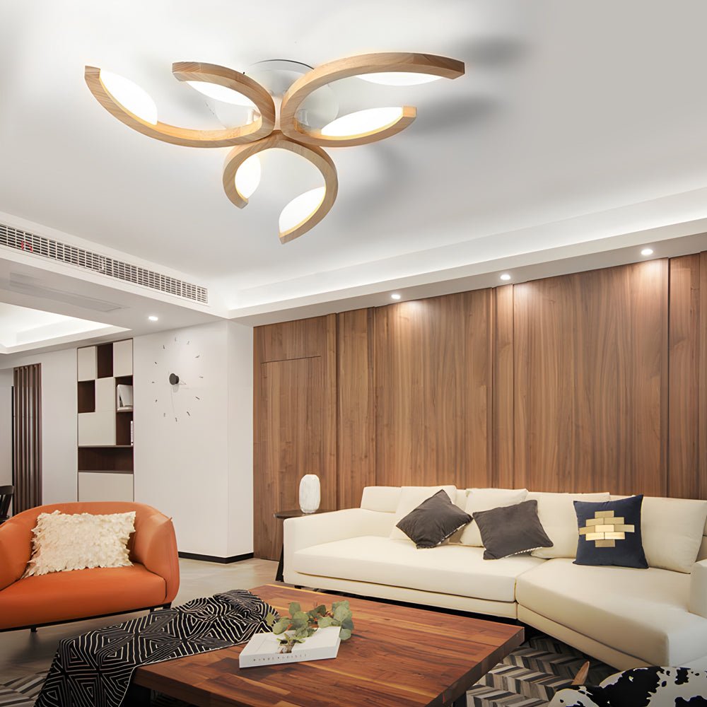 Floral Multi-Light Semi-Flush Mount — Oak Wood and Acrylic Petal Shade, Dimmable LED, 3000K–6000K, 3/4/5-Light