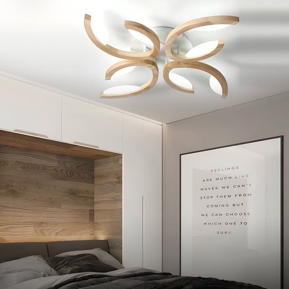 Floral Multi-Light Semi-Flush Mount — Oak Wood and Acrylic Petal Shade, Dimmable LED, 3000K–6000K, 3/4/5-Light