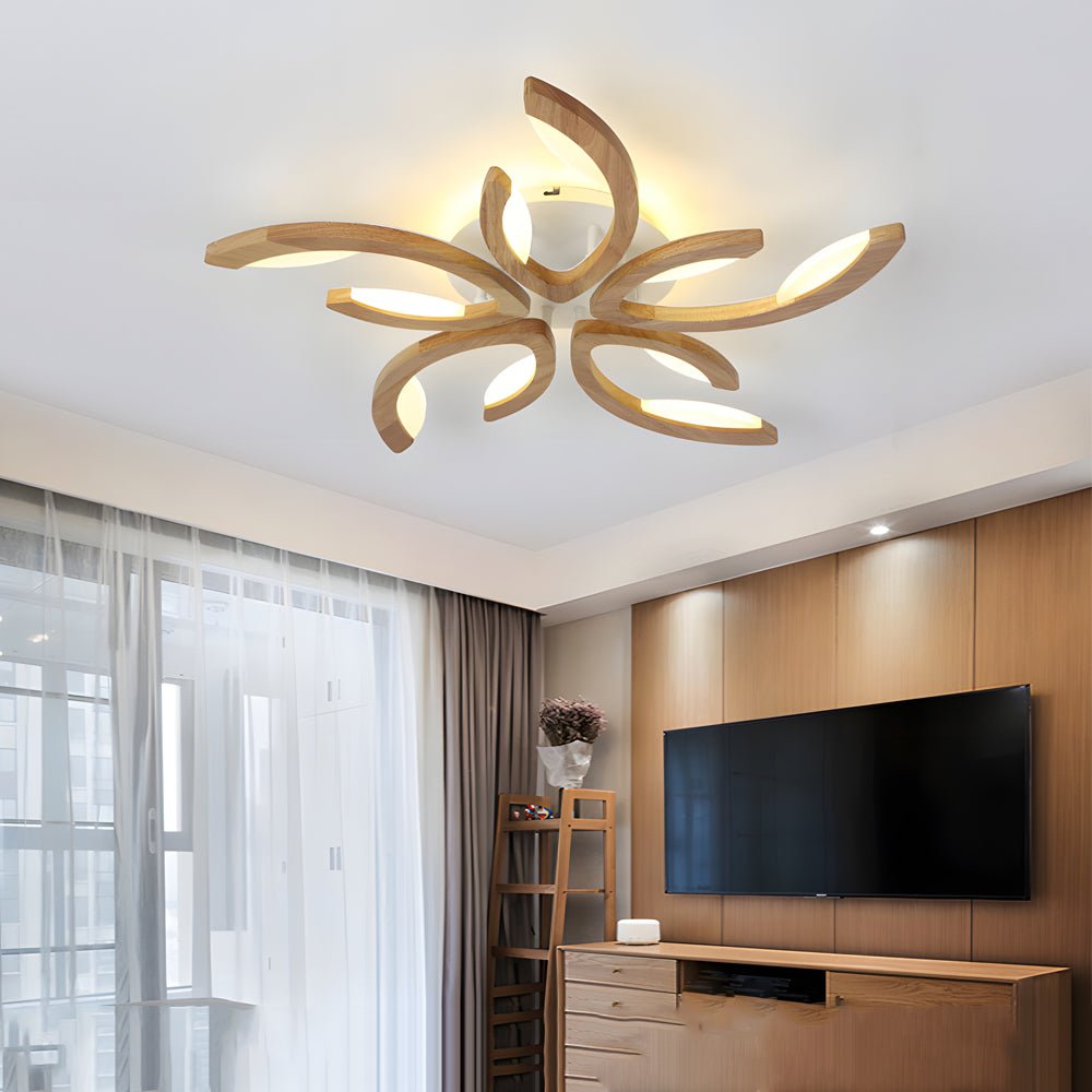 Floral Multi-Light Semi-Flush Mount — Oak Wood and Acrylic Petal Shade, Dimmable LED, 3000K–6000K, 3/4/5-Light