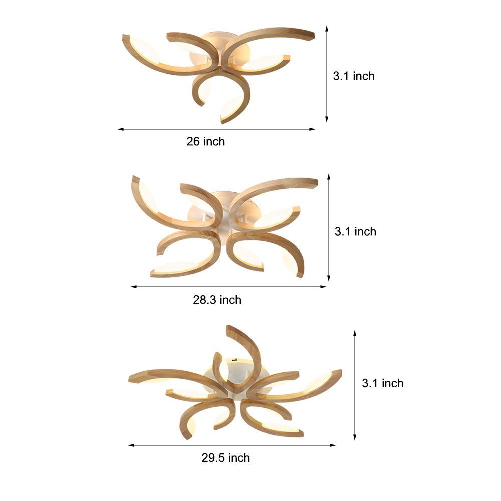 Floral Multi-Light Semi-Flush Mount — Oak Wood and Acrylic Petal Shade, Dimmable LED, 3000K–6000K, 3/4/5-Light