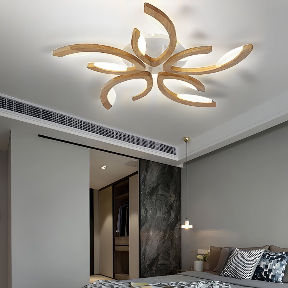 Floral Multi-Light Semi-Flush Mount — Oak Wood and Acrylic Petal Shade, Dimmable LED, 3000K–6000K, 3/4/5-Light