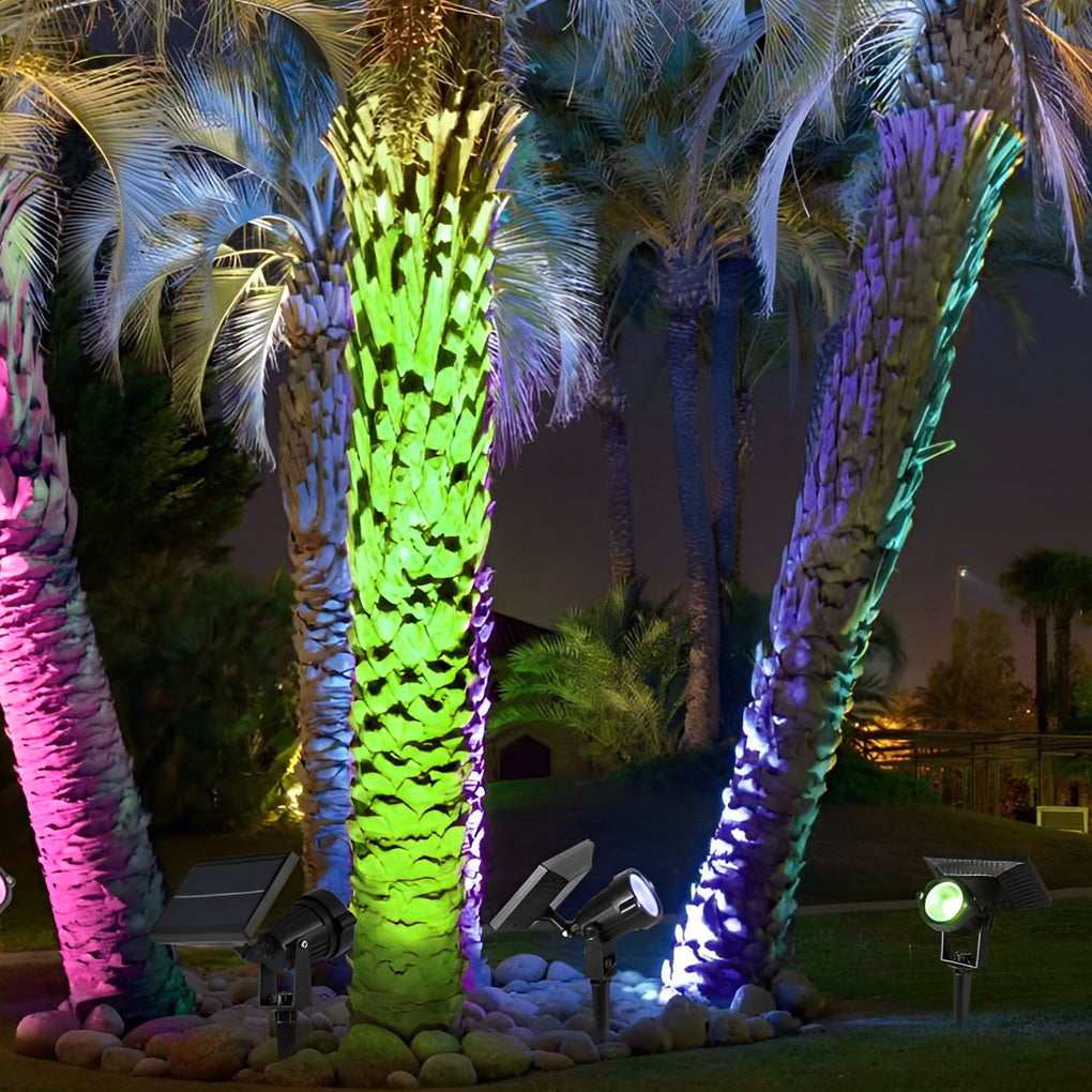 Adjustable RGB Solar Ground Spike Spotlight — Aluminum, 5W LED, IP65 Weatherproof, Warm White / RGB